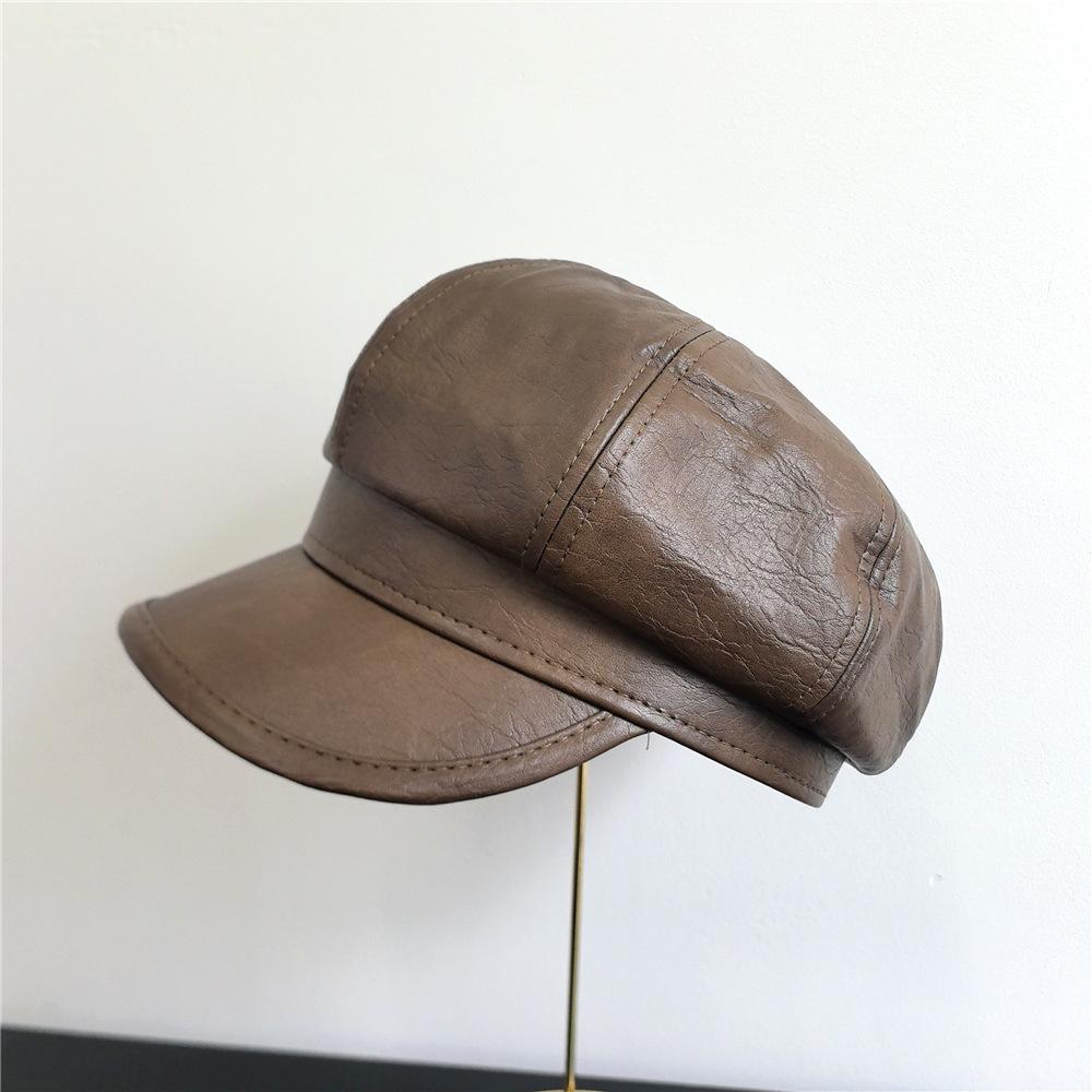 Pu Leather Beret Hat With Metal Logo Korean Retro British Painter Style Unisex Octagonal Cap Newsboy Cap For Autumn Winter
