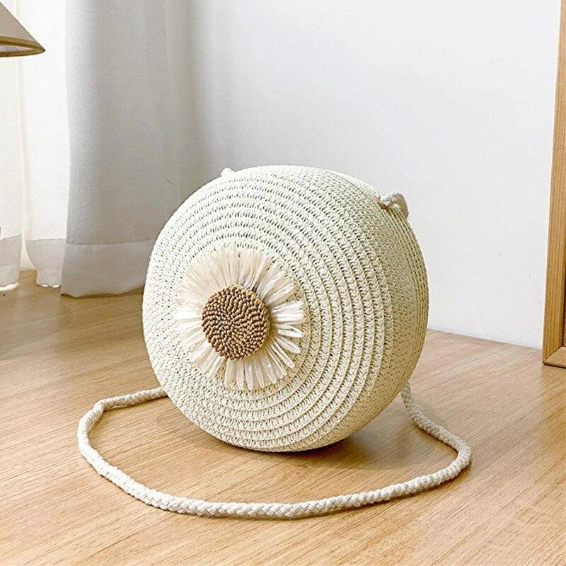 1PC Flower Graphic Circle Straw Bag, Vintage Shoulder Beach Bag, Women's Crossbody Purse Mini Floral Decor Straw Crossbody Bag