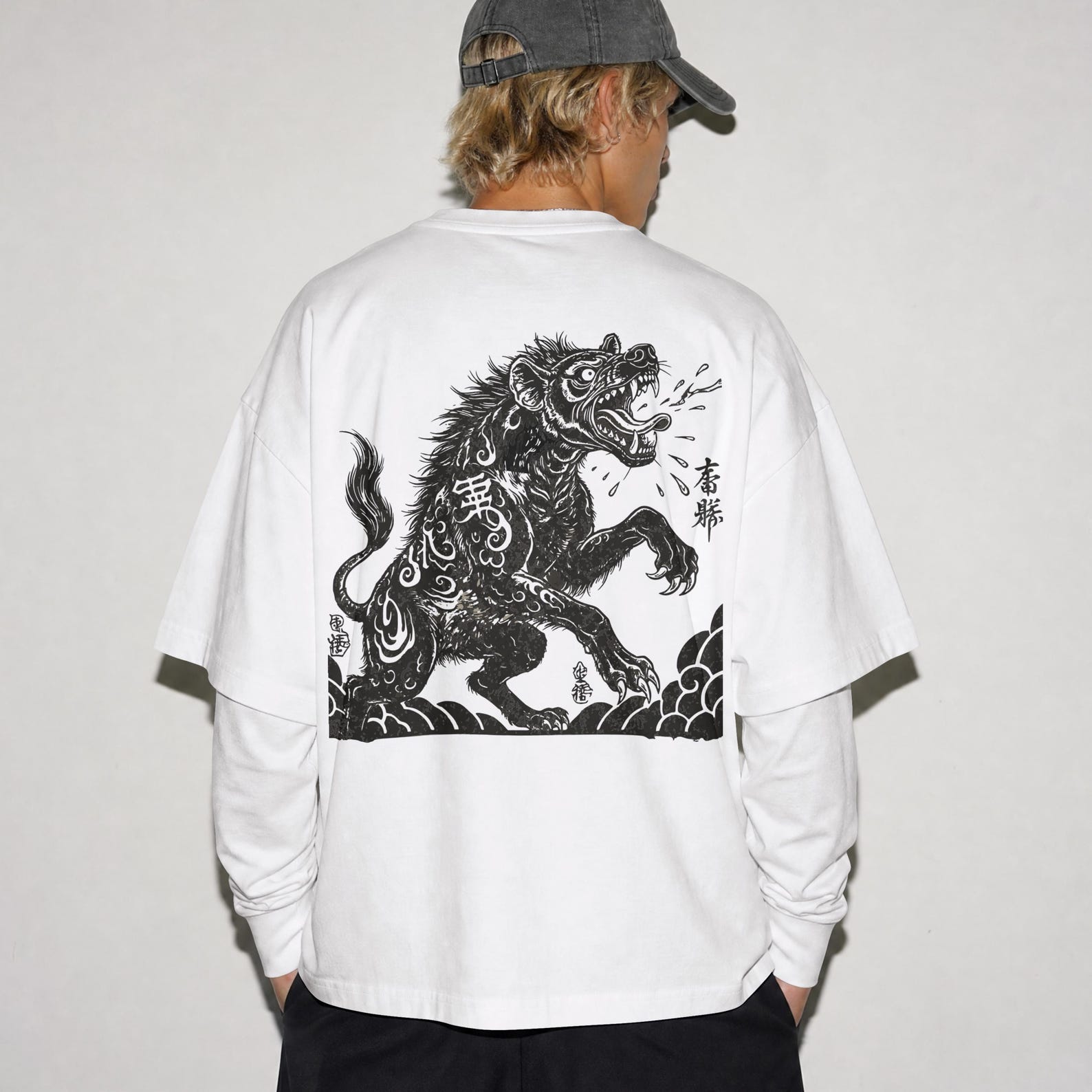 Japanese Tattoo Hyena Back Print T-Shirt | Wild Dog Streetwear S