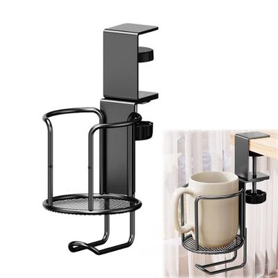 2 In 1 Rotating Desk Cup Holder Waterproof Rust Proof Clip-on Cup Holder 360 ° Rotating with Hanging Hook Desktop Mug Rack Desk