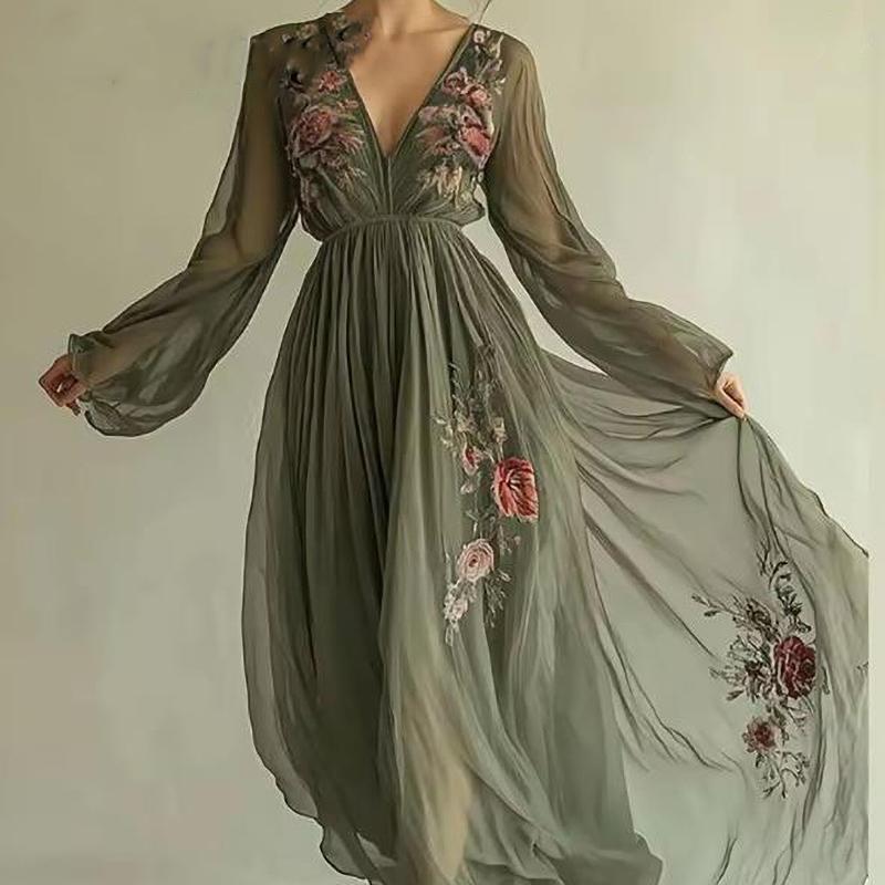Kvinners blomstermønstrede lange kjoler Sexy V-hals høy midje kjole Vår lange ermer