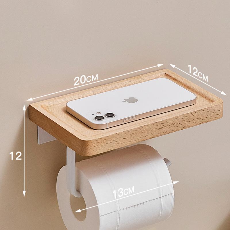 Creative Walnut Wood Toilet Paper Holder No Drill Bathroom Tissue Box with Phone Shelf