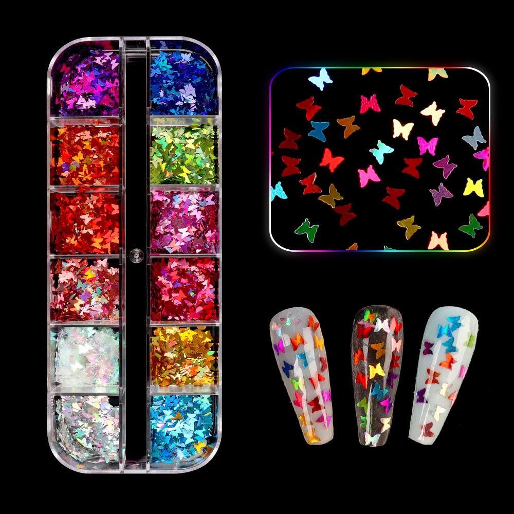 Nagelglitzer-Pailletten, 12 Gitter/Box, Zellstoff, unregelmäßige Flocken, Nagelglitzer, glänzender Laser, mehrfarbig, Nagelkunst-Dekoration