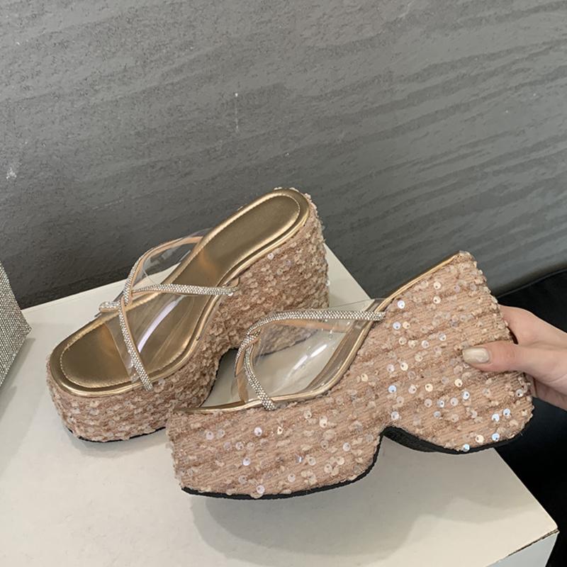 Liyke Summer Wedges Shoes For Women Platform Slippers Fashion Crystal Rhinestone High Heels Square Toe PVC Transparent Sandals