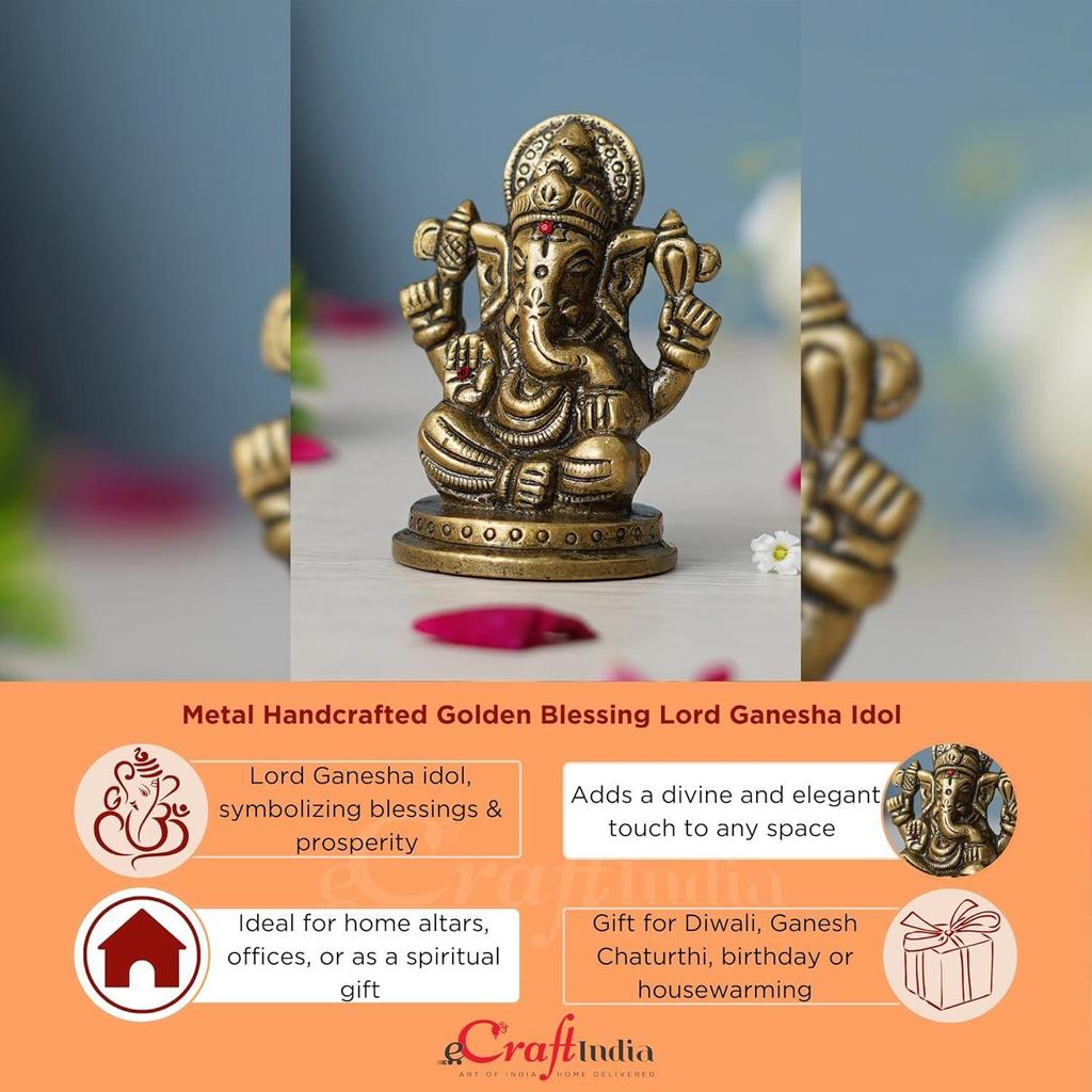 Golden Metal Handcrafted Blessing Lord Ganesha Idol for Home Decor Office Car Dashboard- Ganesha Statue