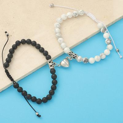 Heart Charm Magnetic Couple Bracelets Beaded Love Bracelet Relationship Bracelet for Boyfriend and Girlfriend