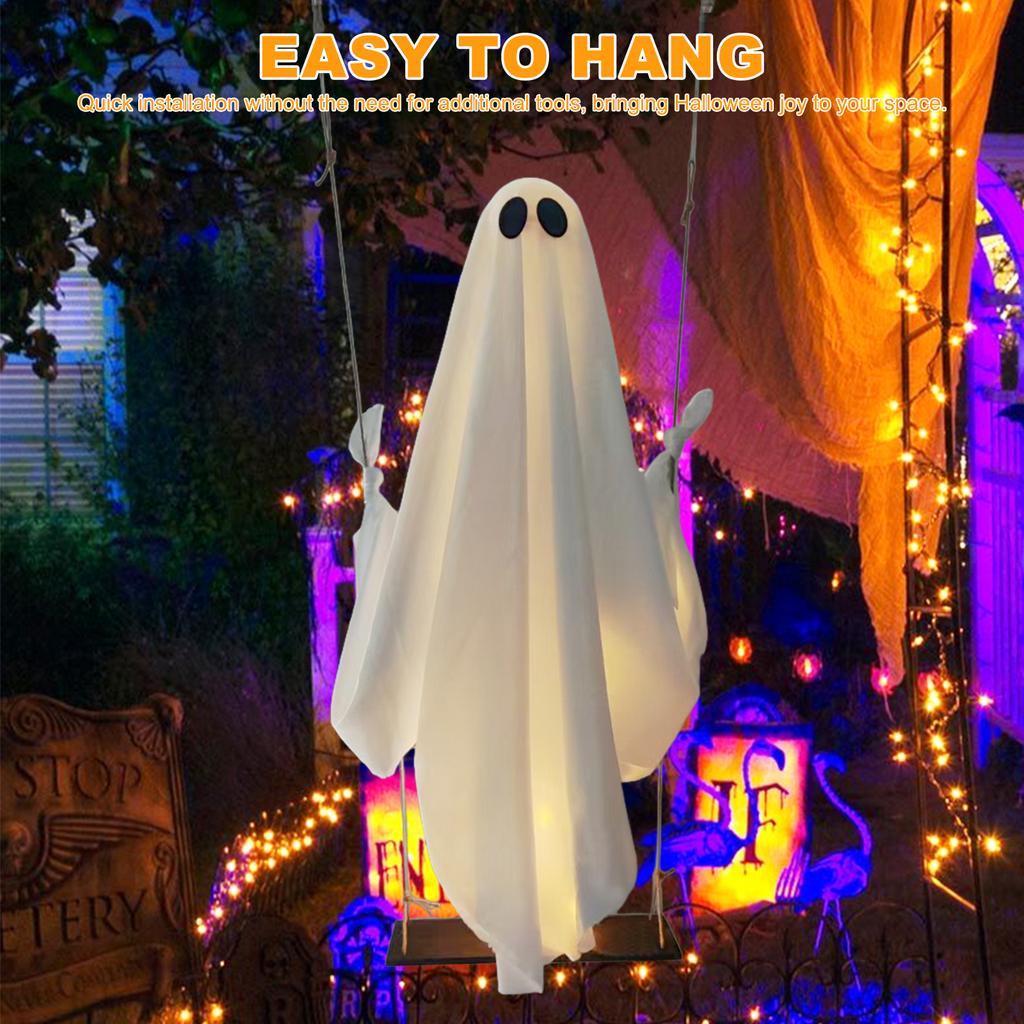 Halloween Hanging Swing Ghost with String Lights Spooky Swing Ghost for Tree Porch Yard Garden Lawn Halloween Decoration