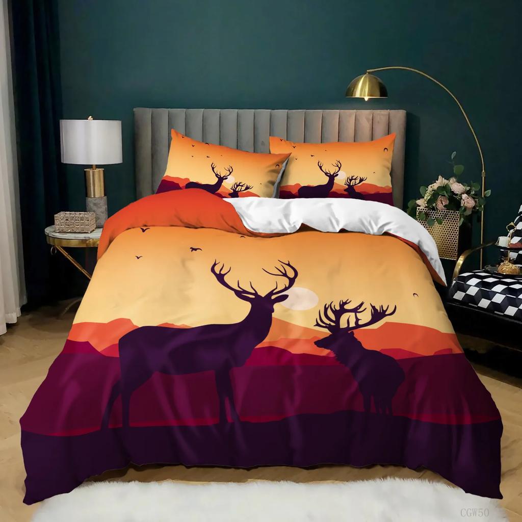 Deer Duvet Cover King/Queen Size,wildlife Bucks Fire Pattern Print Bedding Set For Teens Adults Men,Brown Elk Animal Quilt Cover