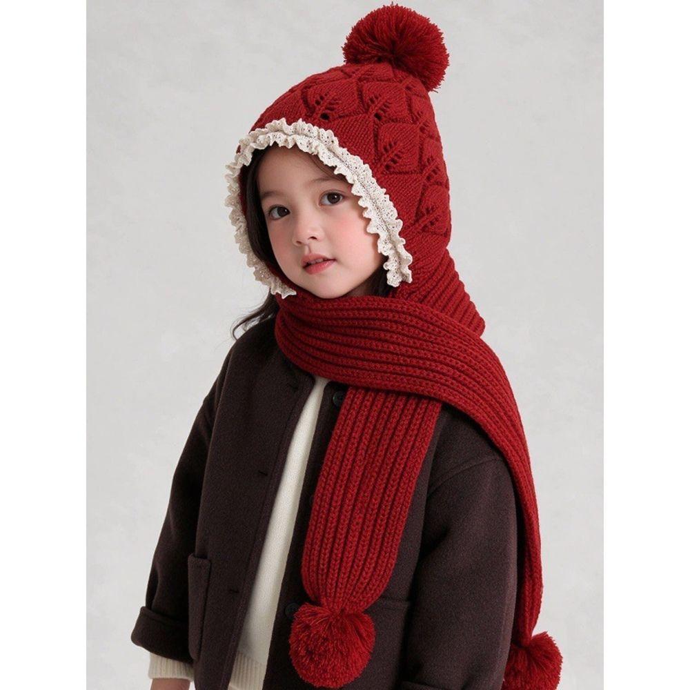 Lace Trim Integrated Winter Set Windproof Earflaps Winter Hat Soft Knitted Hat Scarf Set For Girls