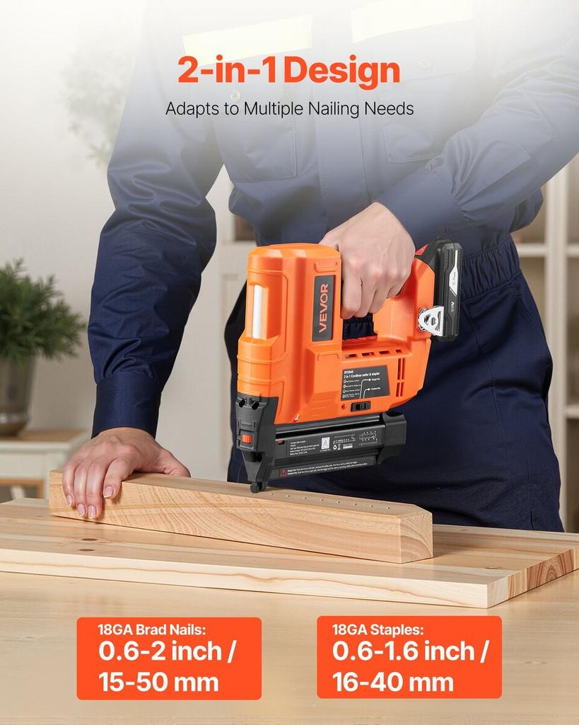 2-in-1 Cordless Brad Nailer, 18 Gauge, 20V Battery Powered Nail Gun and Staple Gun, with 500 pcs Nails, 500 pcs Staples, 2 x 2.0 Ah Li-ion Batteries,