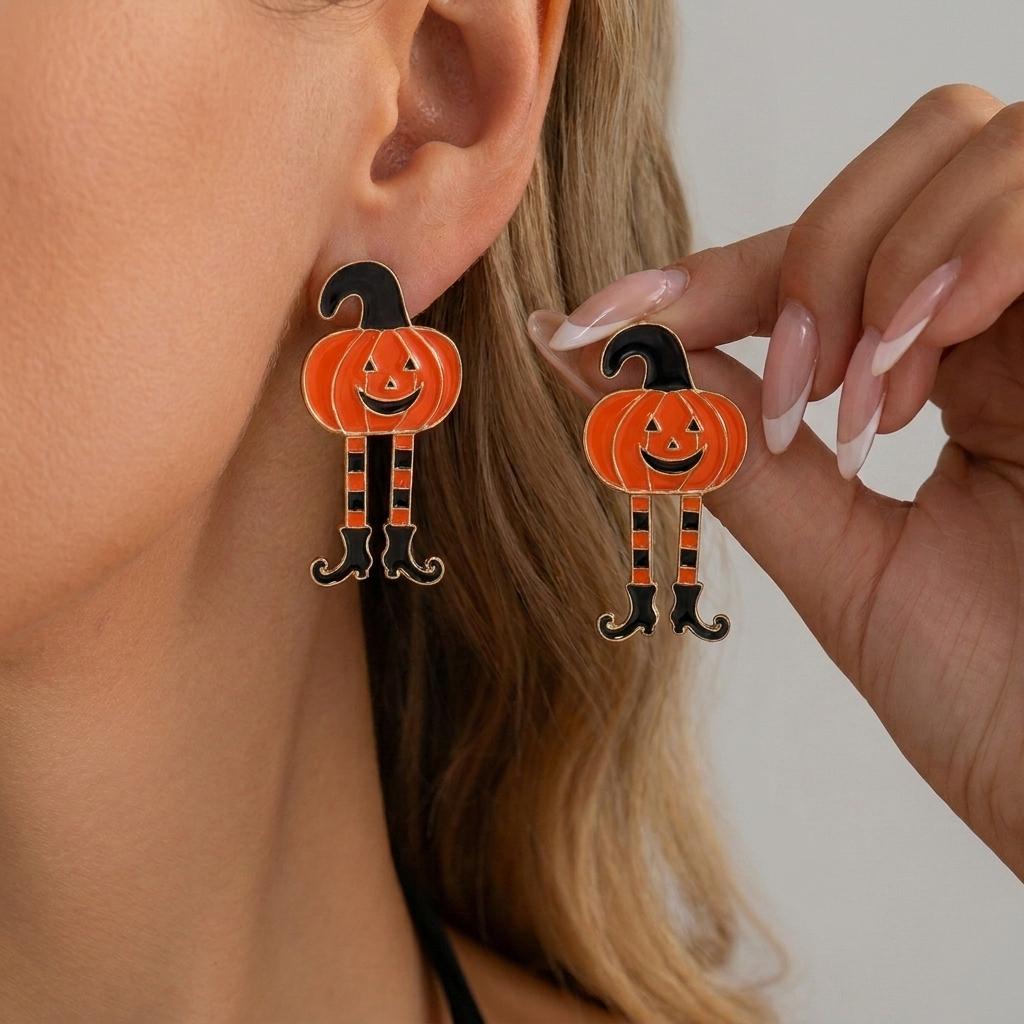 Creative Cartoon Akimbo Pumpkin Leg Dangle Earrings for Women Halloween Enamel Spider Drop Earring Festival Party Jewelry Gifts