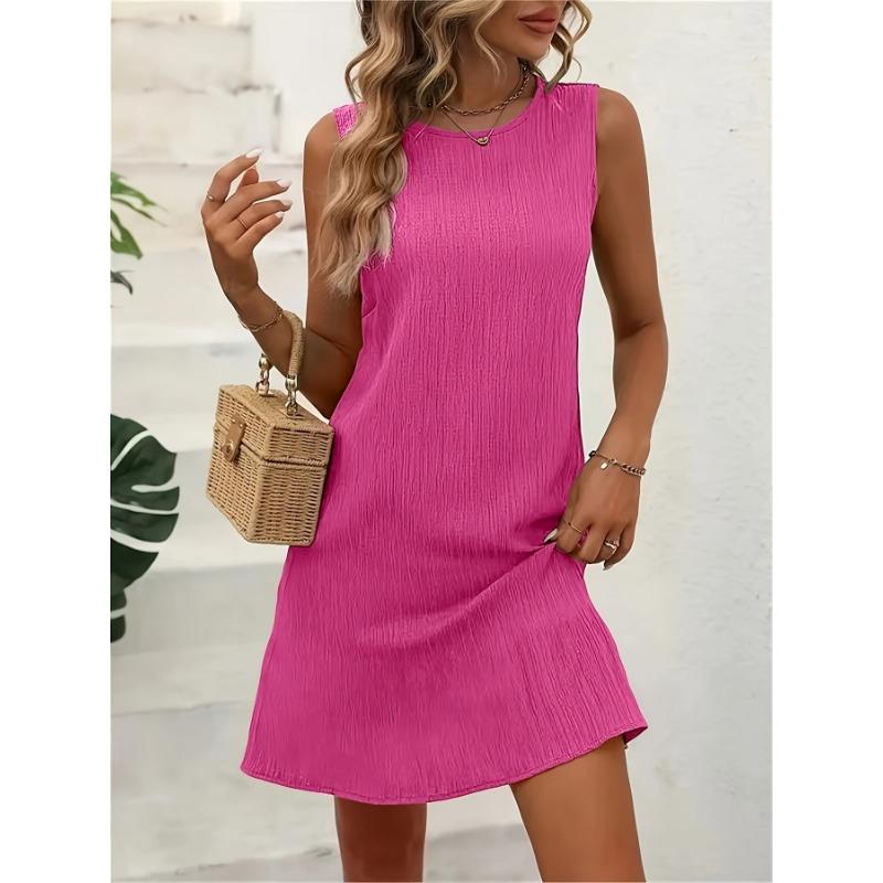 Summer new solid color round neck sleeveless dress for women