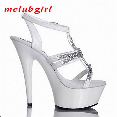 Women's Sandals Thin Heel High Heel Transparent Open Toe Metal Chain Dance Shoes 15cm Heel 5cm Platform YKC