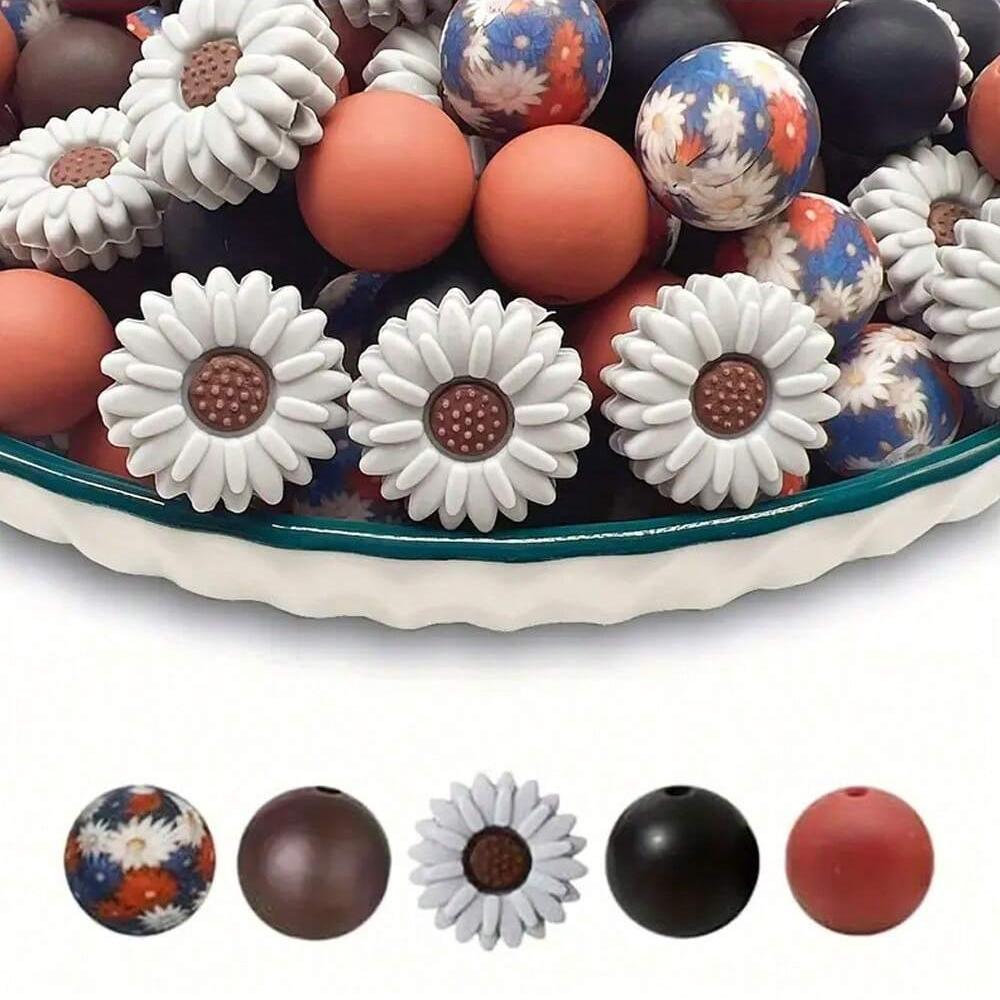 25PCS daisy and floral printed silicone bead set, punk style, suitable for DIY keychains, bracelets, bead pens