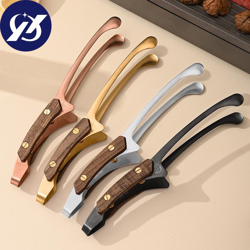 Rostfritt stål massivt trä handtag biff Tång Multifunktionellt förlängt handtag Grillklämma Offentlig matklämma Köksredskap