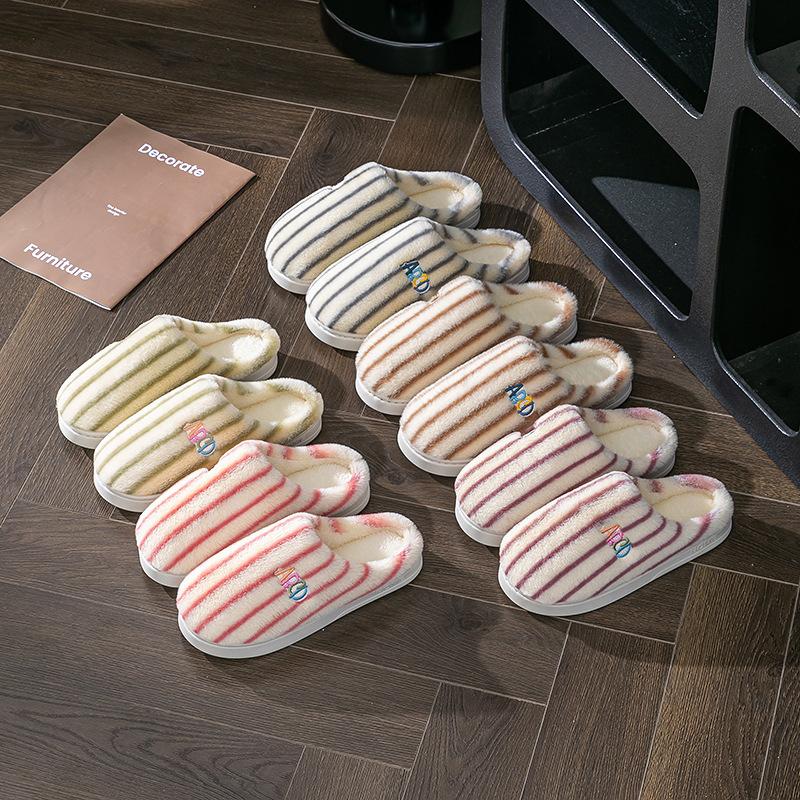 Cotton Slippers Embroidery Autumn and Winter Dormitory Wear-resistant Velvet Warm Home Couple Shoes