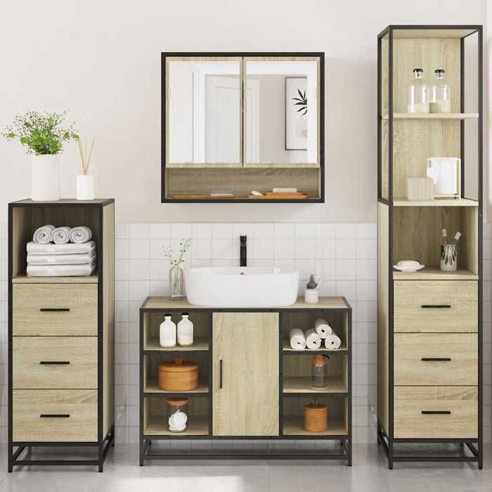 VidaXL Ensemble de meubles de salle de bain 4 pcs chêne sonoma, armoire de salle de bain, armoire de rangement de toilette, 3301301