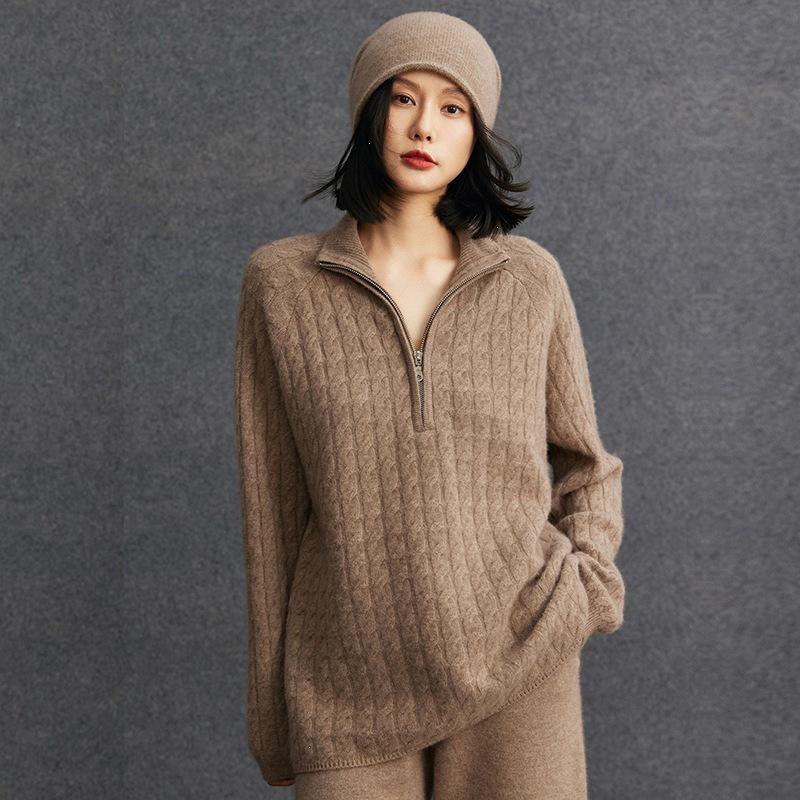 2026 Autumn Cashmere Loose Half-Zip Cable Knit Lapel Sweater for Women