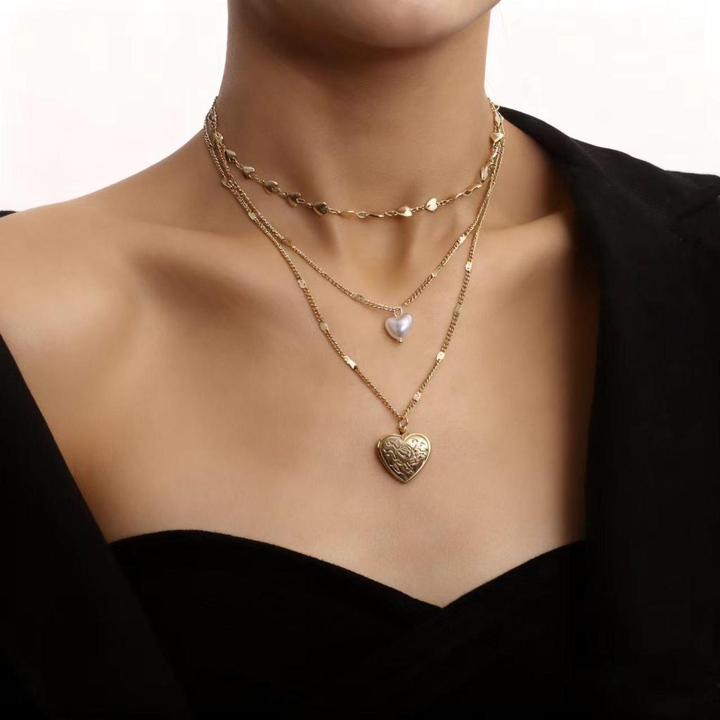 European-American Multi-layer Heart Chain Pearl Pendant Necklace for Women