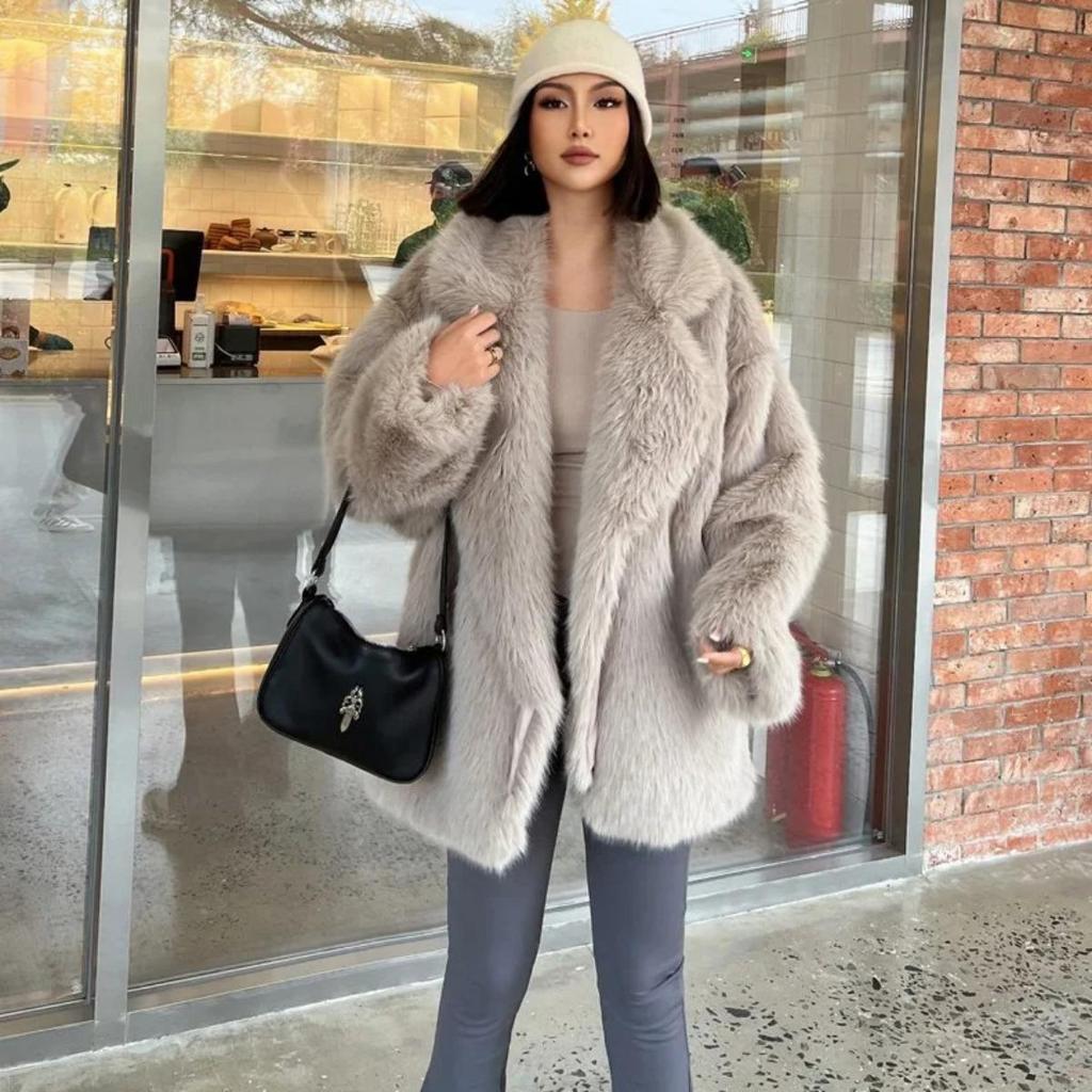 VAYLA Fashionable Street Style Fox Fur Coat Loose Suit Collar Medium Long Imitation Fur Coat for Women Autumn-winter Fur Overcoat