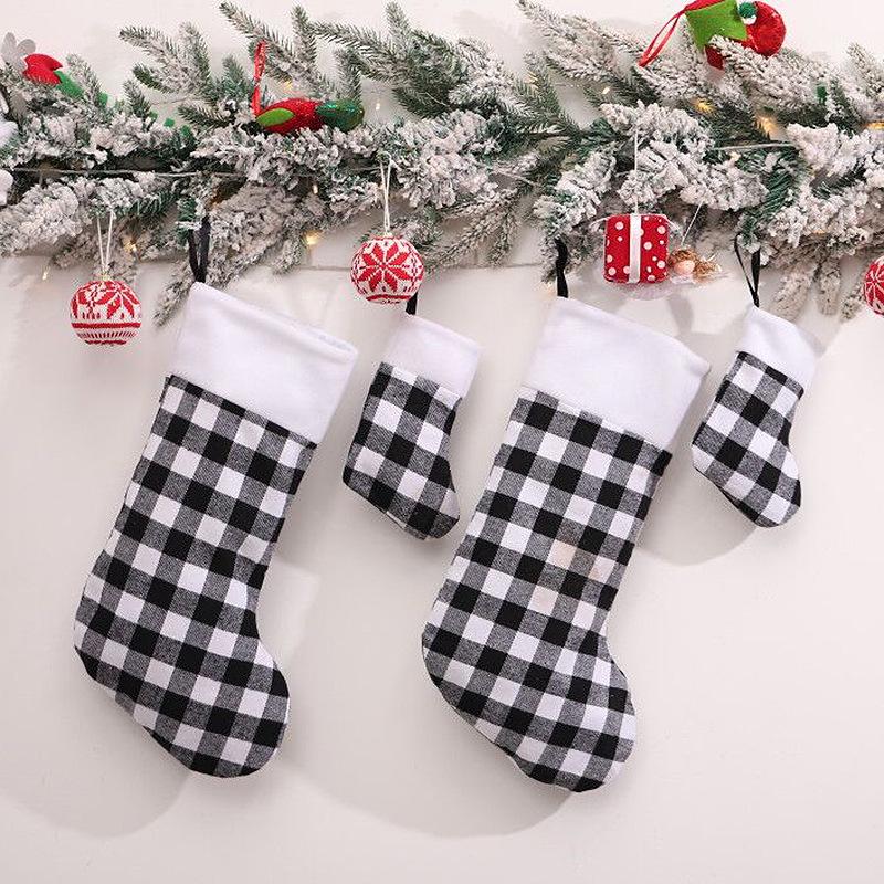 Red and Black Plaid Christmas Stocking Ornaments with Plush Details