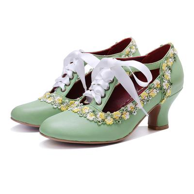 Handmade Pumps Genuine Leather Women's Shoes Retro Lace Mary Jane Lace Up High Heels