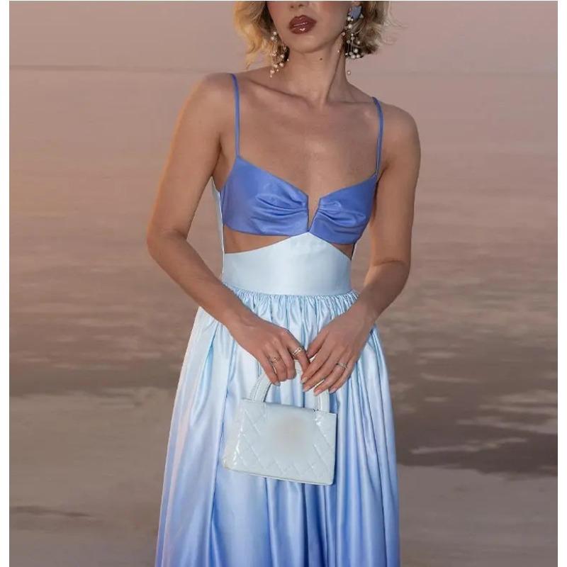 Women s Clothing Explosive Gradual Change of Color Suspender Waist Dress Slim Fashion Elegant S синий