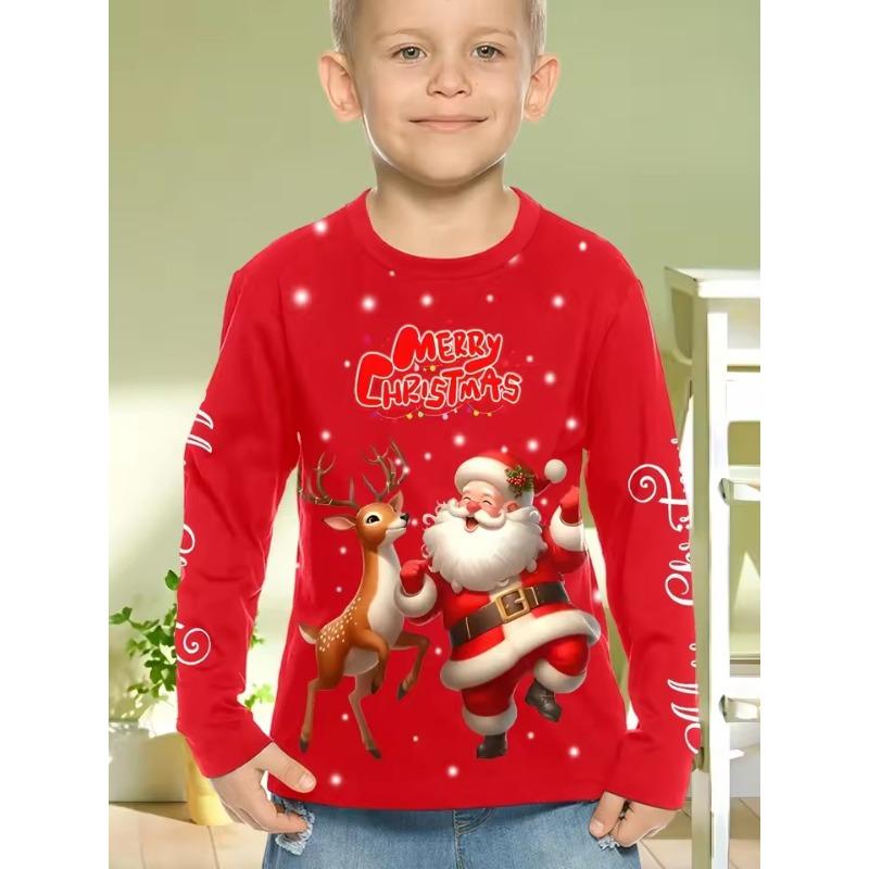 

Детская одежда Футболка с длинным рукавом для мальчиков с принтом Санта-Клауса Детская одежда на весну и осень Стильная одежда для рождественской вечеринки для девочек 110