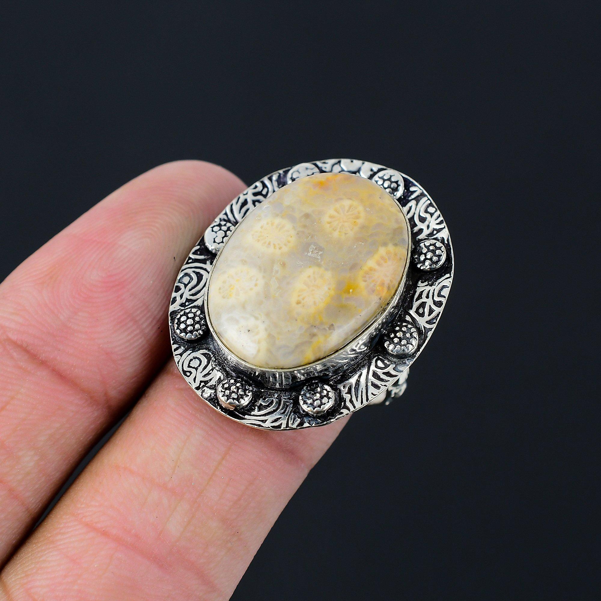 Mothers day Deal 925 Sterling Silver Natural Fossil Coral Stackable Ring Jewelry 9