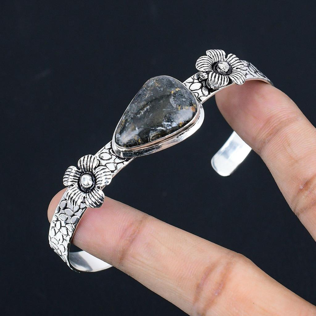 Sterling Silver Root Chakra Pear Black Fossil Coral Stone Flower Sister Bangle
