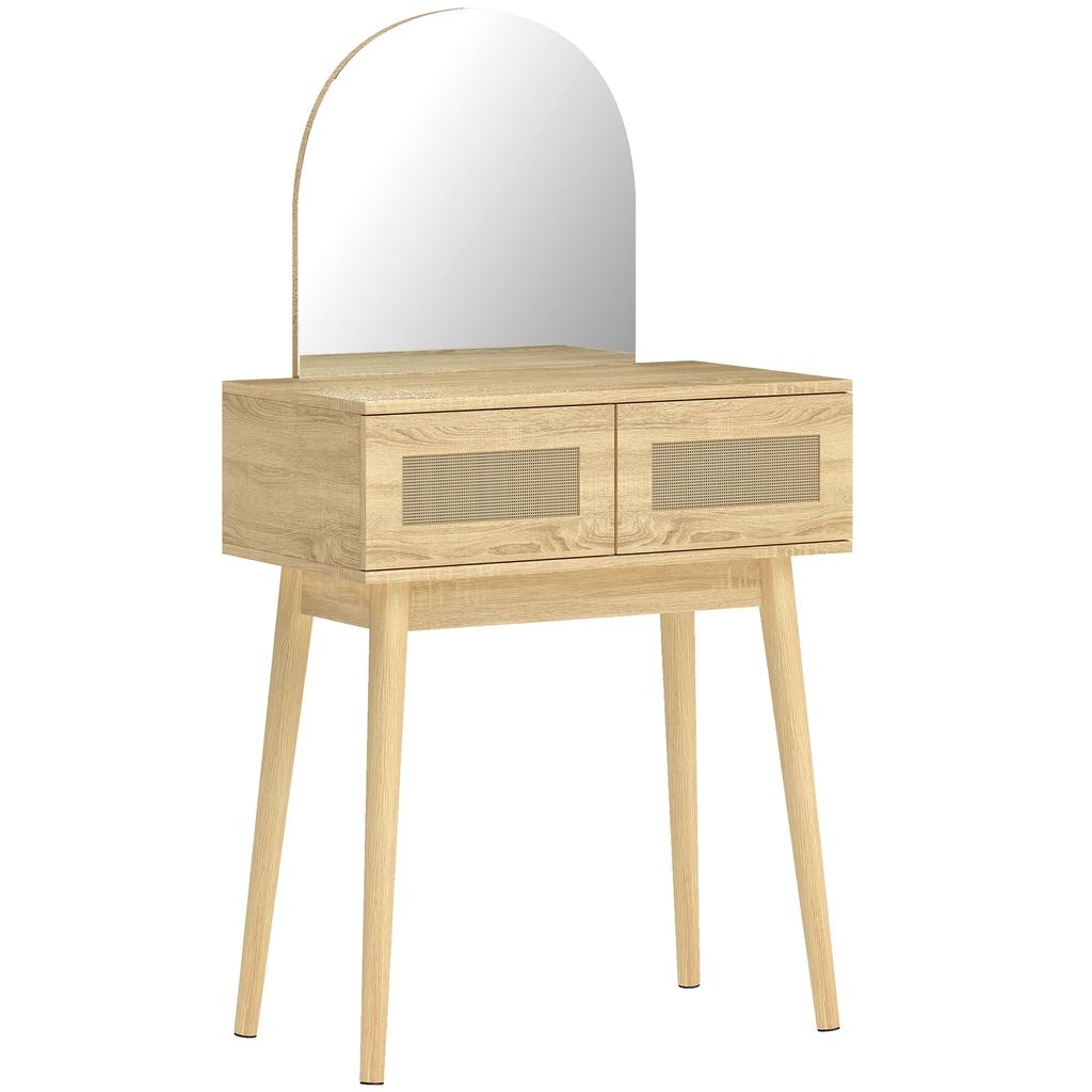 Dressing Table, Compact Vanity Desk with Mirror and 2 Drawers, Natural Wood Finish