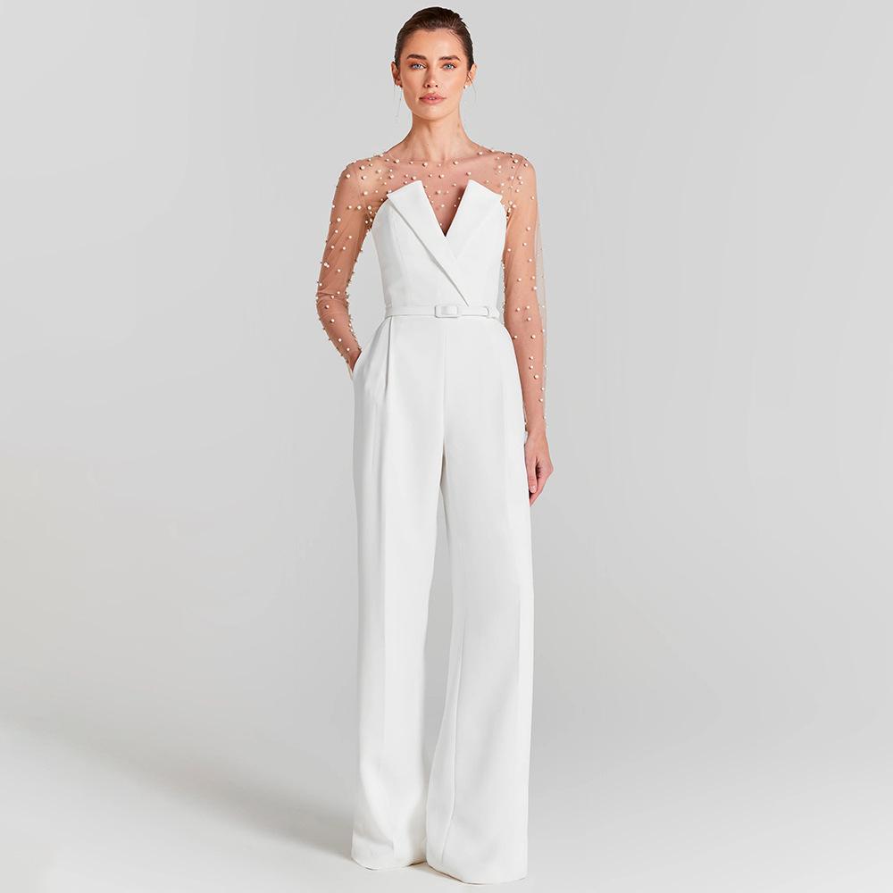 Weißer Perlenverzierte Jumpsuit Romper - Modisches Lässiges Zweiteiliges Set für Damen