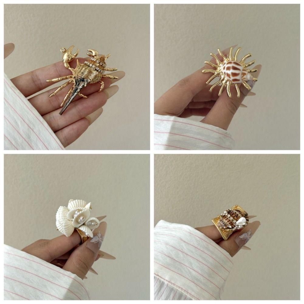 Adjustable Open Band Hermit Crab Statement Ring Conch Shell Wrap Ring  Music Festival Outfit