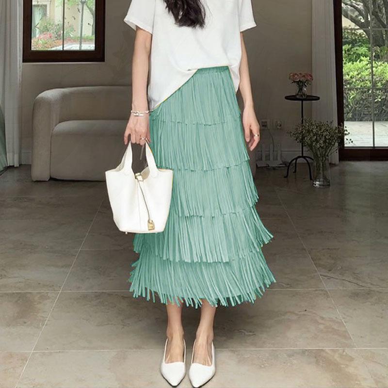 Miyake High-End Women's Tassel Layered Midi Skirt - Versatile & Slimming