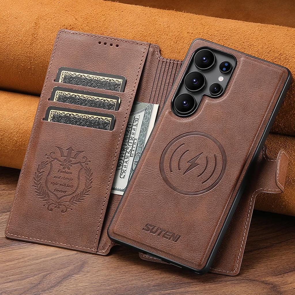 Detachable Magnetic Wireless Charging Bracket Card Wallet Flip Case for Samsung Galaxy S25 Ultra S22 S23 S24 Ultra Leather Cover