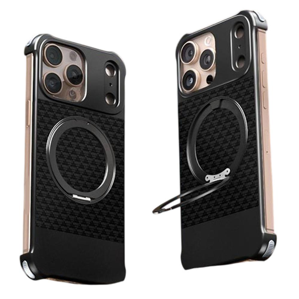 Dla iPhone 15 Pro Max Magnetyczne etui Bezramkowe Teksturowane PU+Metalowa podpórka Pokrowiec na telefon