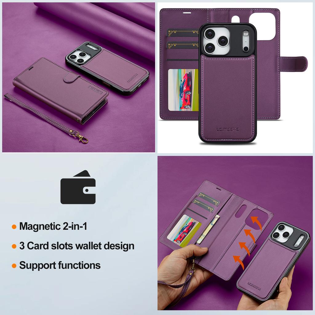 2 in 1 Detachable Leather Phone Case for IPhone 17E 16E  Air 17 16 15 14 13 12 11 Pro Max XS XR 7 8 Plus Magnetic Wallet Cover