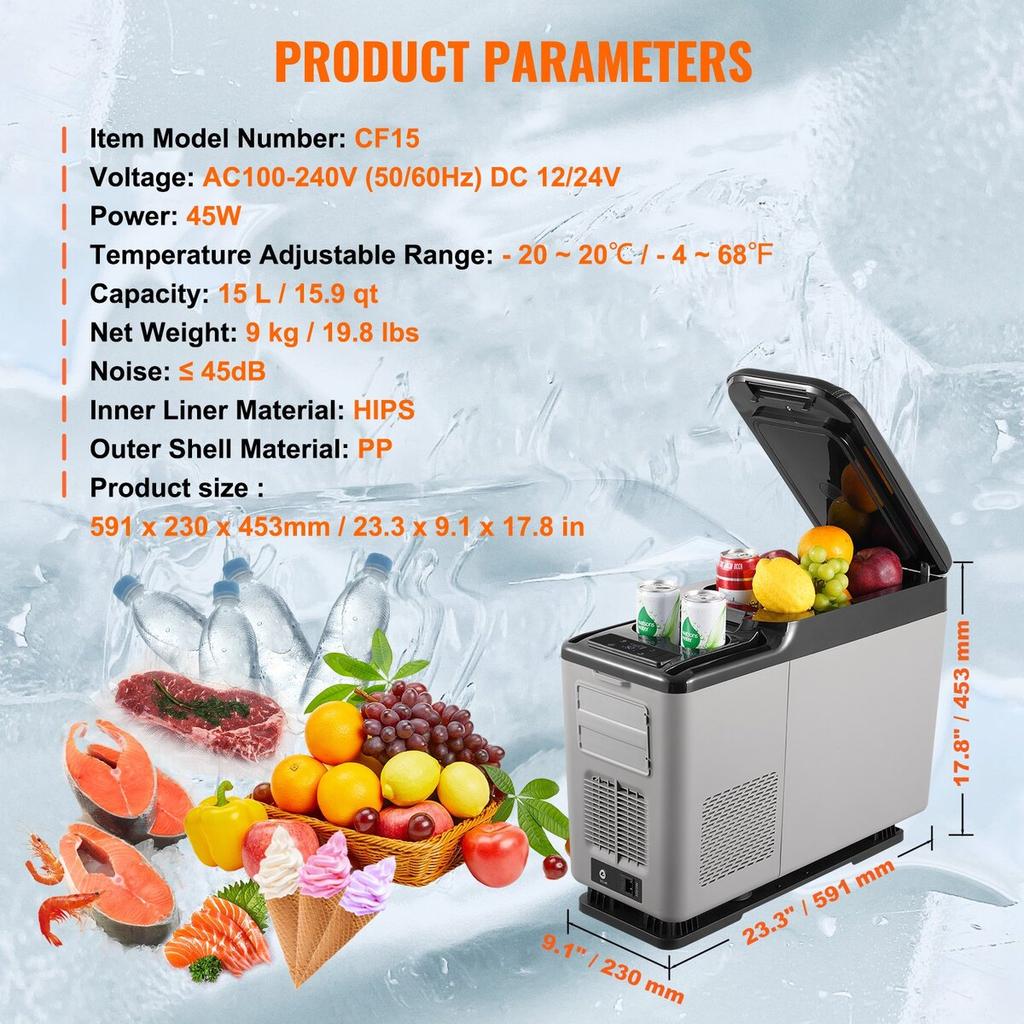 Portable Car Refrigerator Freezer Compressor 15 L Single Zone for Car Home