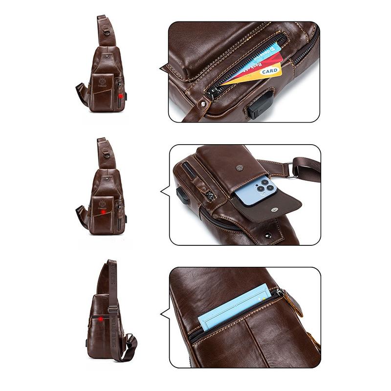Genuine Leather Chest Bag Men Fashion Style Casual Straddle Bag Business Large Capacity Multifunctional Shoulder Bag