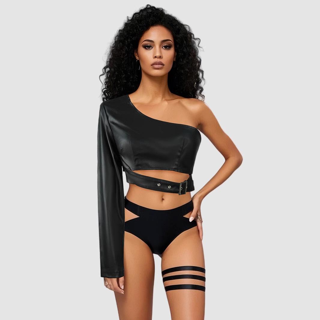 

European & American Black One-Shoulder PU Leather Rock Dance Jacket M чёрный
