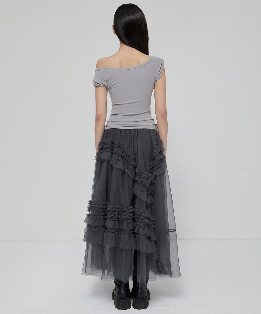 Peulleeoeob Tulle Layered Long Skirts (Fl-266_Charcoal)