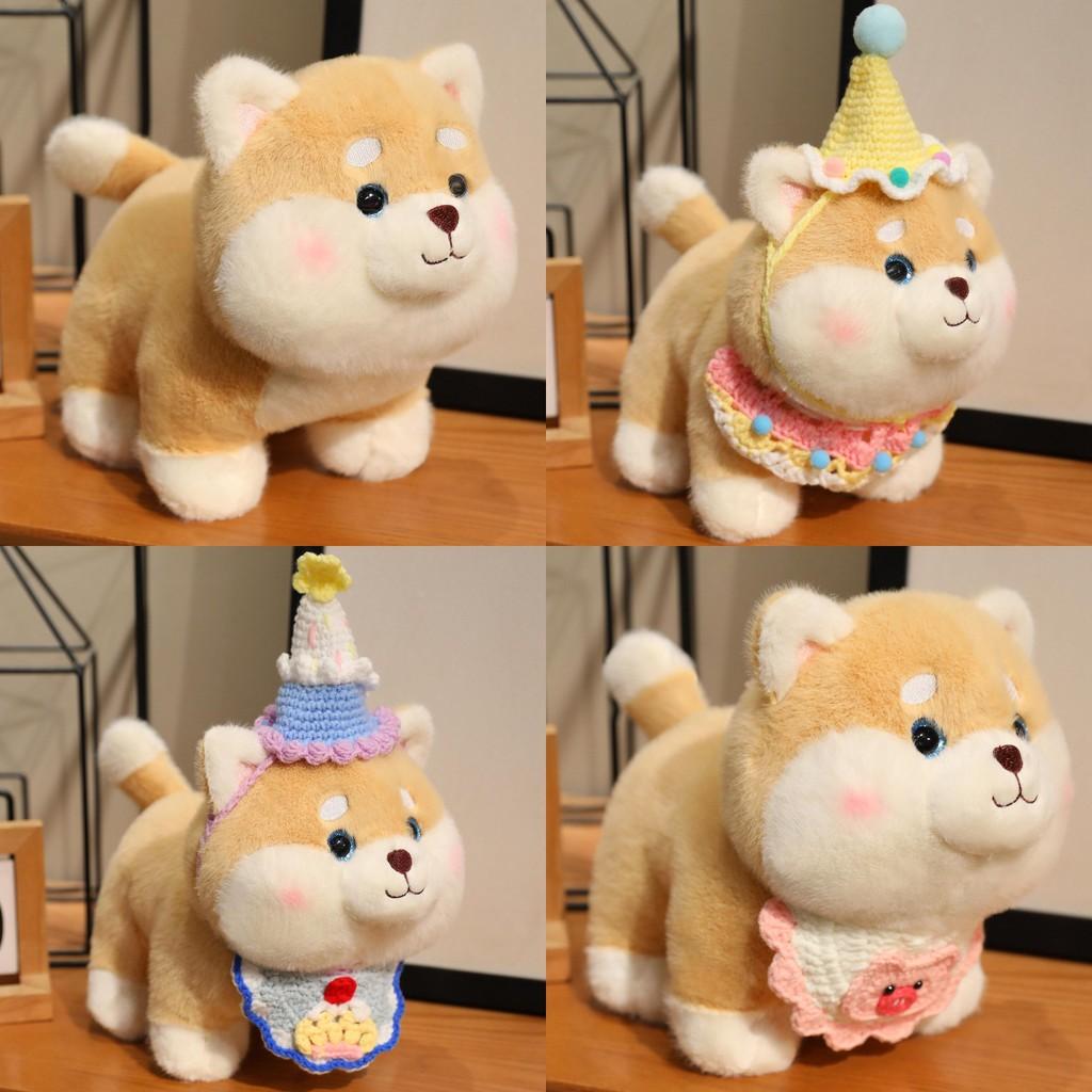 Cute Birthday Hat And Cartoon Pattern Knitted Scarf Shiba Inu Cartoon Plush Toy For Childrens Room Decor
