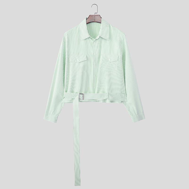 INCERUN Oversized Men Lapel Neck Long Sleeve Striped Print Belt Casual Shirts Tops