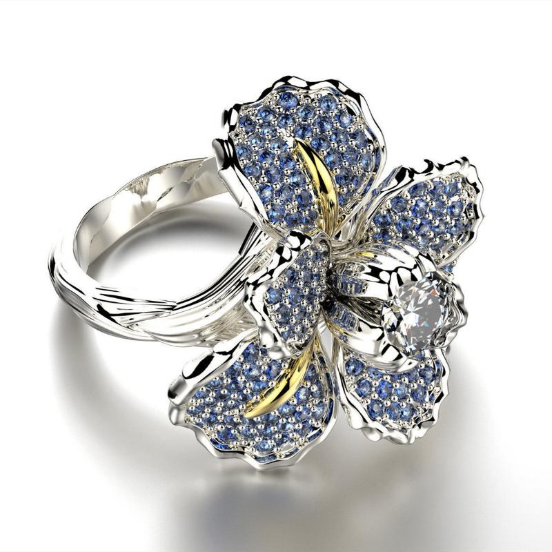 Micro-studded Iris Double-color Ring European Blue Topaz Floral Cluster Engagement Ring Minimalist Floral Diamond Ring with Creative Setting