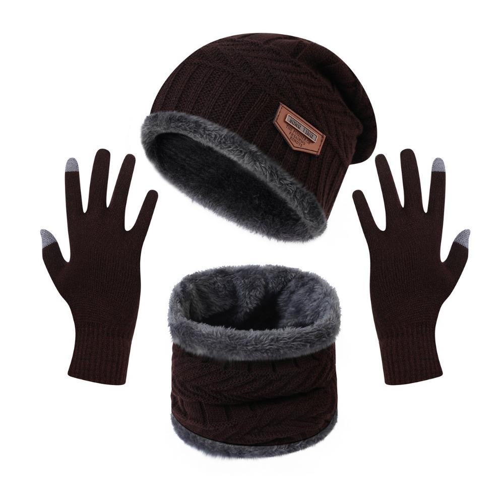 4pcs/set Soft Winter Beanie Hat Scarf Set Thicken Fleece Lined Thermal Knitted Gloves Thermal Protection Cap Warm Wool Hat