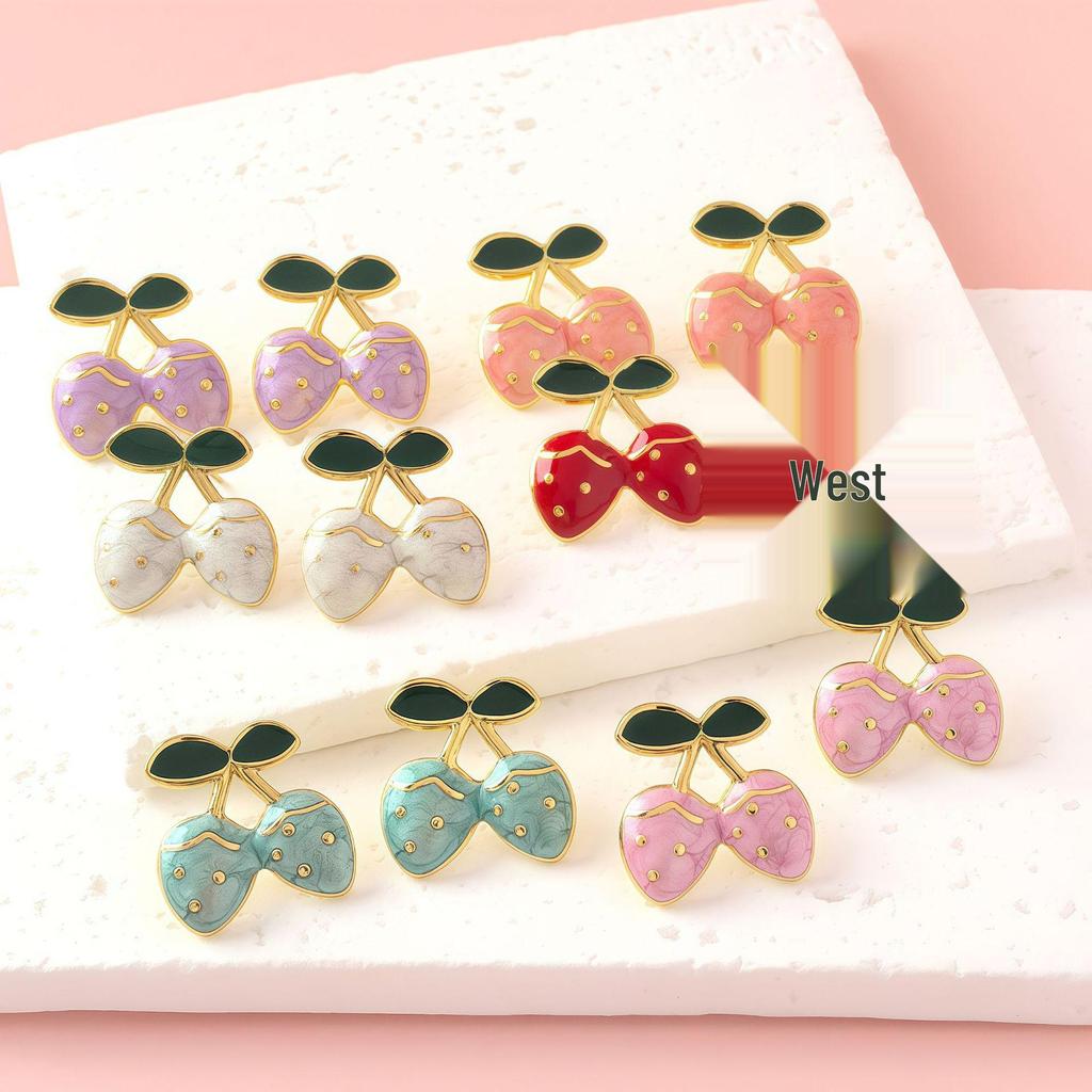 Sweet Fruit Drip Oil Strawberry Cherry Stainless Steel Stud Earrings Fashion Jewelry