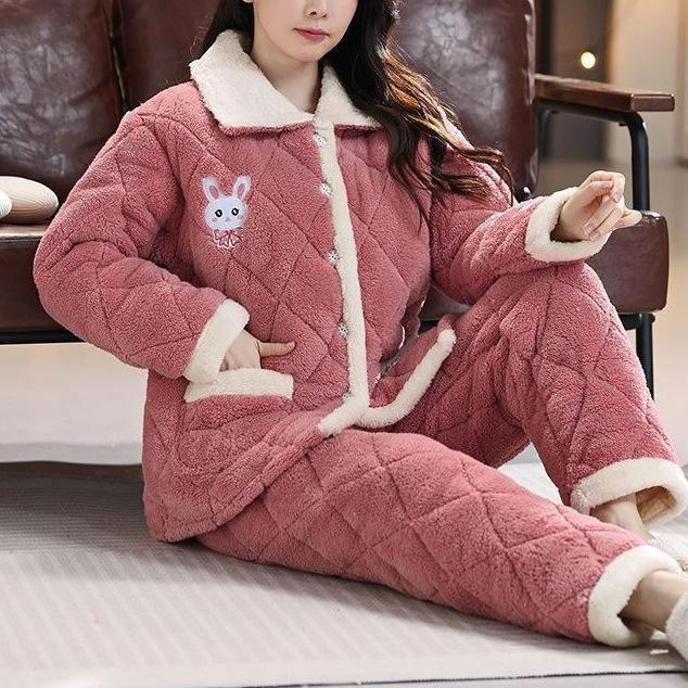 Süße warme wattierte Baumwolle kann draußen getragen werden dreilagiger Pyjama Damen Winter Loungewear verdickt saisonal große Größe