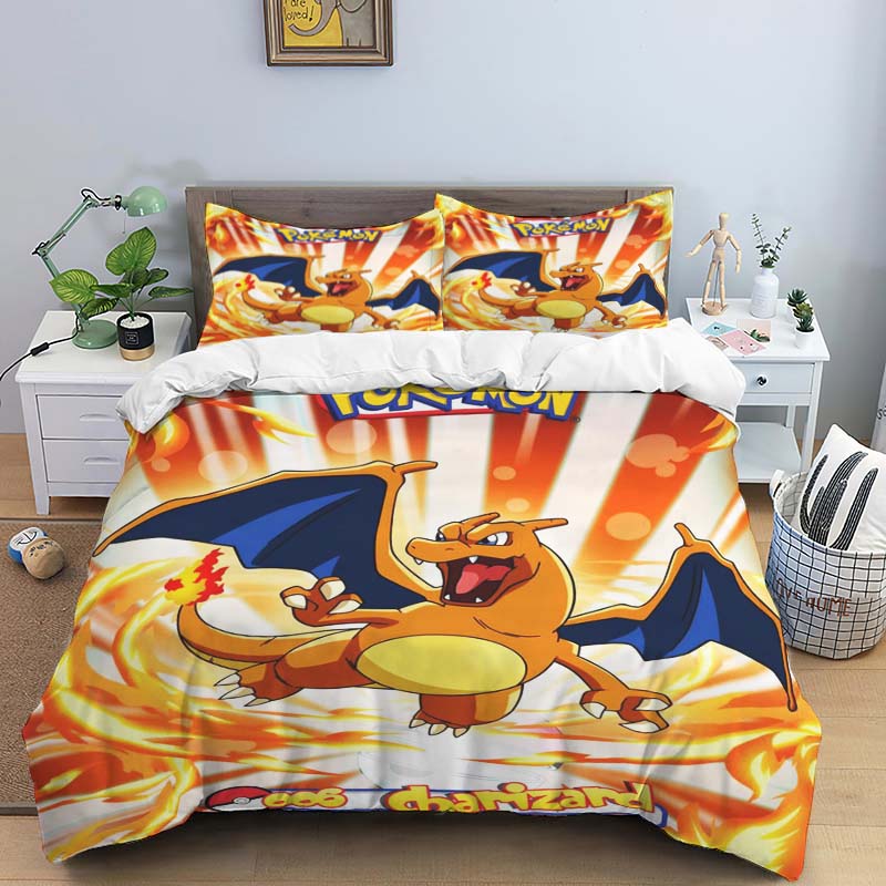Cute Cartoon Charizard-Themed Bedding Set, featuring a soft duvet cover and pillowcases—perfect for teenagers, children, and mor