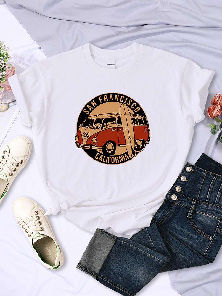 San Francisco California Vintage School Bus T-Shirts Women Street Hip Hop Short Sleeves Summer Breathable Tshirt Soft Casual Tee