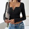 New Autumn/Winter 2025 European Lace Button V-Neck Slim Fit Long Sleeve Women's Top